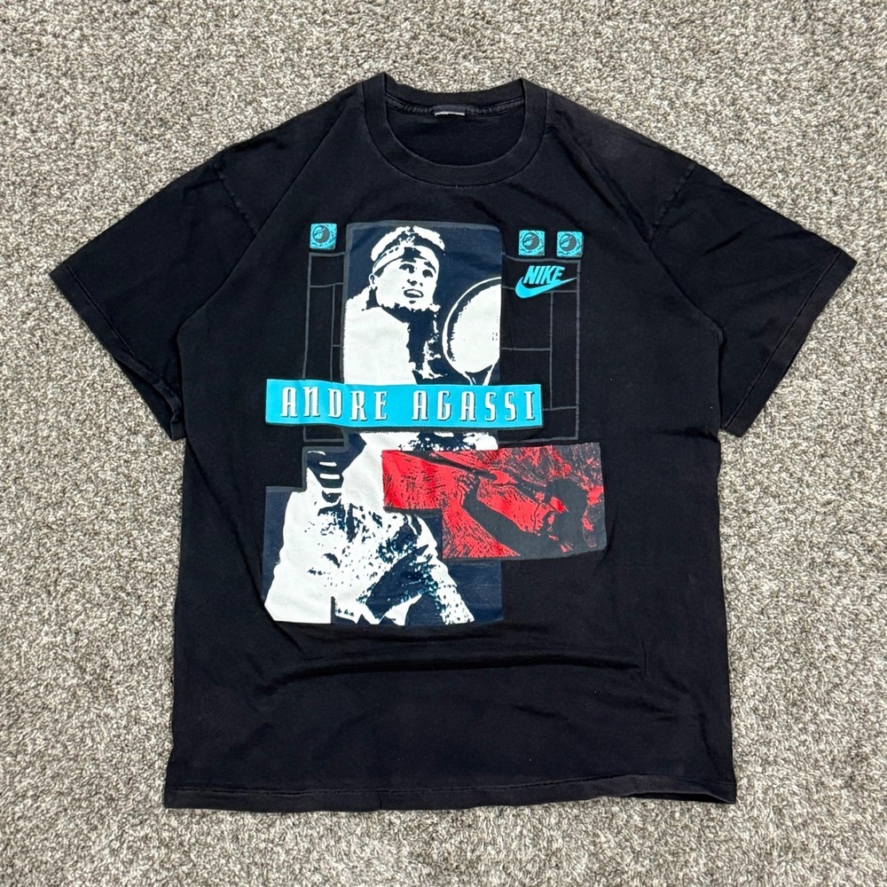 Vintage Nike Andre Agassi Challenge Court T-Shirt Black Mens L 90s Single Stitch
